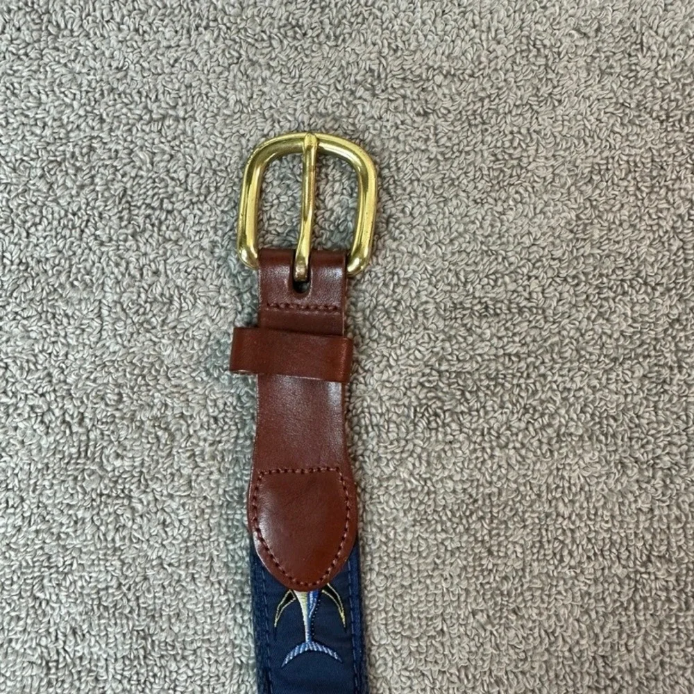 Leather Man Limited Mens 40 Belt Navy Canvas Tuna Fish Embroidered Brass Buckle
